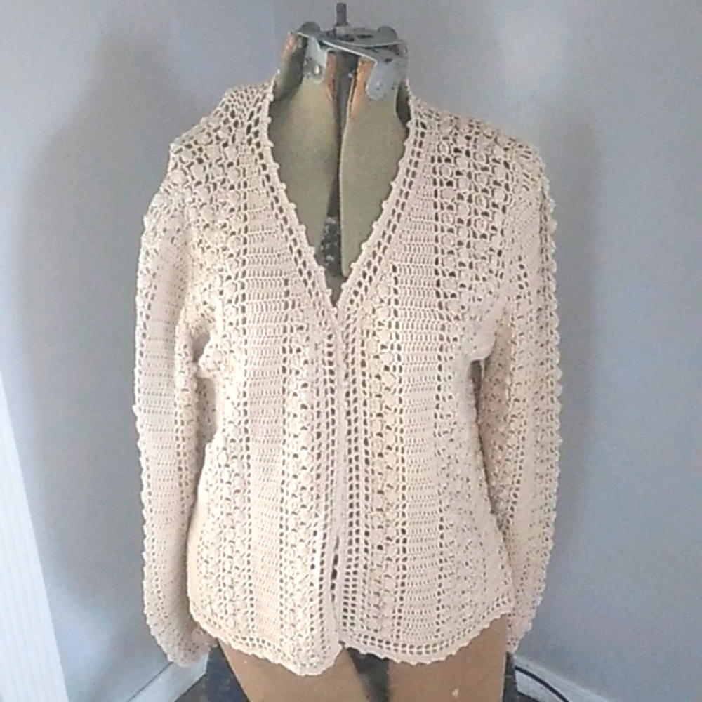 VTG Y2K BOHO MORNA CROCHET DESIGNS TAN CARDIGAN MADE IN IN IRELAND WOMANS L